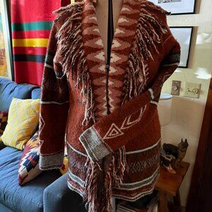 Burnt Orange Southwestern Print Fringed Cardigan